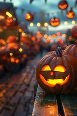 Shining carved Halloween pumpkin lying on the table of the marketplace stand in the evening with sunset. Concept of Halloween celebration, Trick or Treat and season.