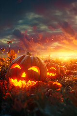 Shining carved Halloween pumpkin lying on the harvested field in autumn at night. Concept of Halloween celebration, Trick or Treat and season.