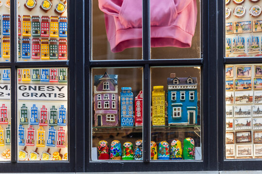 Warsaw, Poland, 12 October, 2025,  Souvenirs and Magnets Displayed in a Shop Window in Warsaw Old Town
