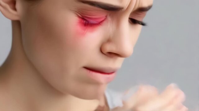A close-up shot of a woman with a visibly irritated, red eye, expressing discomfort and pain.