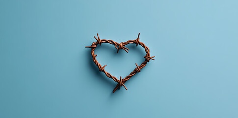 Barbed wire heart: a complex symbol of love and pain. A visual representation of resilience and challenges in relationships. Strength and vulnerability.