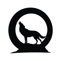 Howling wolf silhouette within a black ring on a rock formation, wolf with full moon silhouette vector illustration