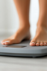 Fototapeta premium Woman's feet on a scale. The focus is on the bare feet with polished toenails, emphasizing health, wellness, and measurement. Focus on the screen showing the numbers.