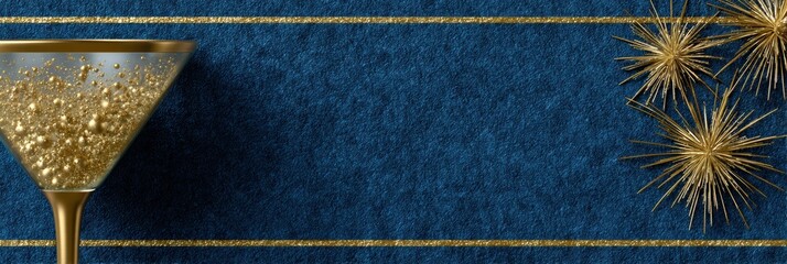 luxury new year card, luxurious new year postcard with navy gradient, gold star constellations, champagne glass silhouette, and elegant script commercial template quality