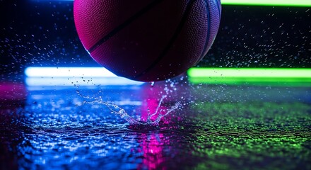 Basketball splashing water under neon lights dynamic action shot.
