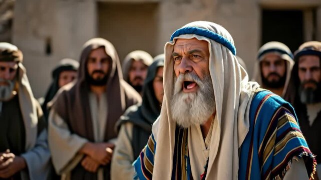 Pharisee man speaking to a crowd in bible times, ancient Israelite culture and religious discussion in desert setting, footage