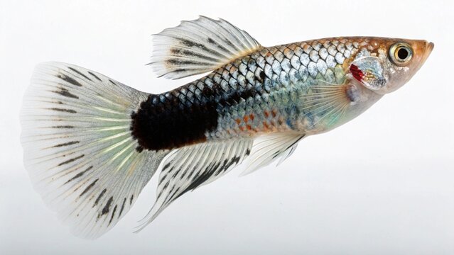 Realistic Molly fish (Poecilia sphenops) with shiny silver and black scales and flowing fins, swimming gracefully, isolated on a clean white studio background, detailed freshwater fish portrait, sharp