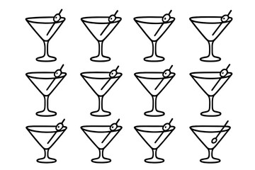 Multiple martini glasses arranged in a neat grid, showcasing a classic cocktail presentation