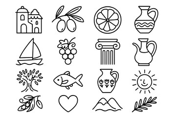 Decorative illustrations capturing elements of nature, architecture, and daily life in a Mediterranean themed design