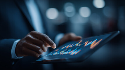 An executive hand interacting with a digital tablet displaying analytics and market charts, illustrating data driven decision making and modern business intelligence.
