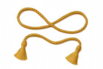 Yellow rope with tassels forming an infinity symbol and decorative knot, isolated on transparent background