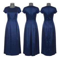 Three-view image of a navy blue dress on a mannequin, showing front, back, and side views