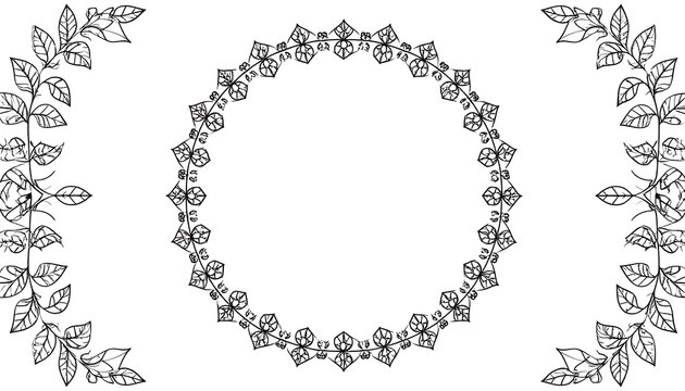 A symmetrical illustration on a white background. Central circular element is detailed and ornate. Leafy vines adorn corners