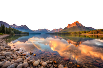 A stunning mountain lake landscape at sunrise, with clouds and fog covering the water, creating a peaceful reflection of the nature beauty