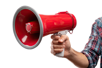 A hand holding a bright red megaphone