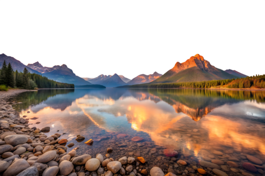 A stunning mountain lake landscape at sunrise, with clouds and fog covering the water, creating a peaceful reflection of the nature beauty