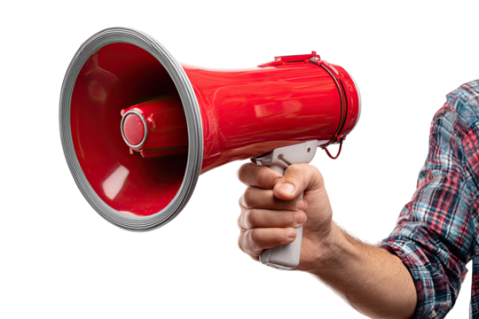 A hand holding a bright red megaphone