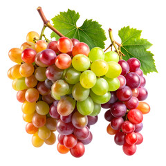 Fototapeta premium Bunches of colorful grapes on vines with green leaves, vibrant and ripe