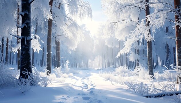 A serene winter forest scene showcases a snow-laden path leading into a bright, sunlit clearing. Trees are frosted with pristine white snow