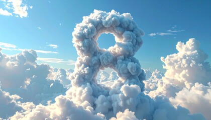 A stylized numeral eight formed from fluffy clouds against a bright blue sky filled with scattered white cumulus clouds, giving a whimsical aesthetic