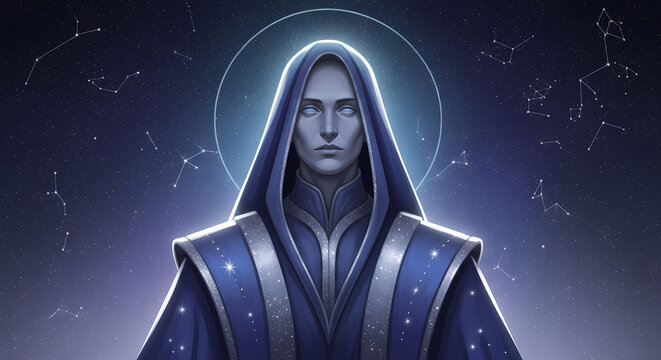 Mysterious celestial being with glowing eyes emerges from starry cosmos, radiating cosmic wisdom and ancient power under a starry sky.