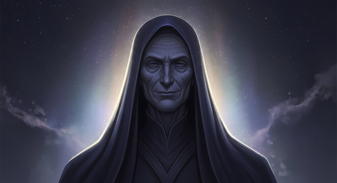 Mysterious robed figure with ancient face gazes forward under a starry celestial sky, radiating a powerful, enigmatic presence.