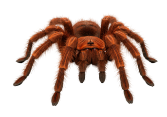 Isolated red tarantula front view, a large arachnid with long legs and hairy body is captured in a studio