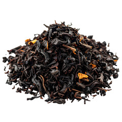 Obraz premium Heap of loose-leaf black tea, dried and slightly orange, against a stark black background