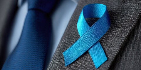 health advocacy campaign, high-res close-up ad of blue ribbon on suit lapel sharp focus, professional lighting, fabric details reflects health advocacy