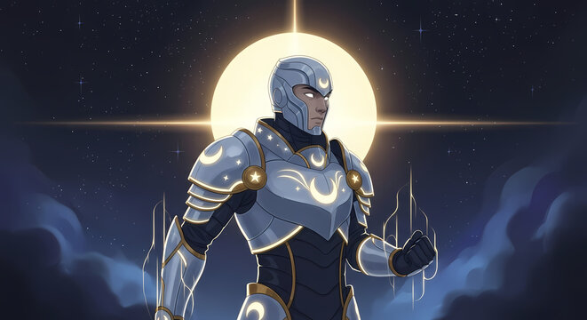 Powerful celestial knight stands ready under a glowing full moon and starry night sky, radiating strength and mystery.