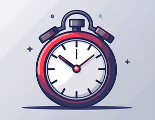 A stylized red and white alarm clock illustration, featuring a round face with hands pointing to a specific time, and a shadow underneath