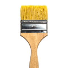 A close-up shot of a paint brush, featuring light brown handle, yellow bristles, and metal ferrule