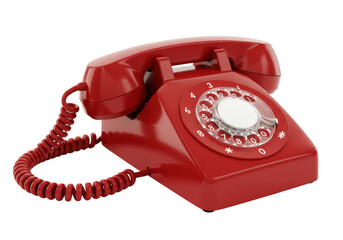 Isolated red retro rotary dial telephone with handset on a desk, old technology style