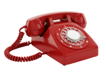 Isolated red retro rotary dial telephone with handset on a desk, old technology style