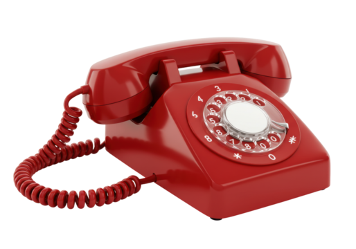 Isolated red retro rotary dial telephone with handset on a desk, old technology style