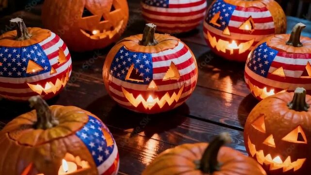 Many Halloween pumpkins with American flag pattern in one frame on dark wooden table background.