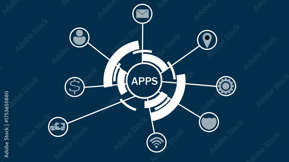 Wall mural Centralized App Network Diagram with Connecting Nodes on Dark Blue Background application connection