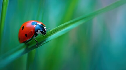 Close up of vibrant ladybug on blade of grass in nature