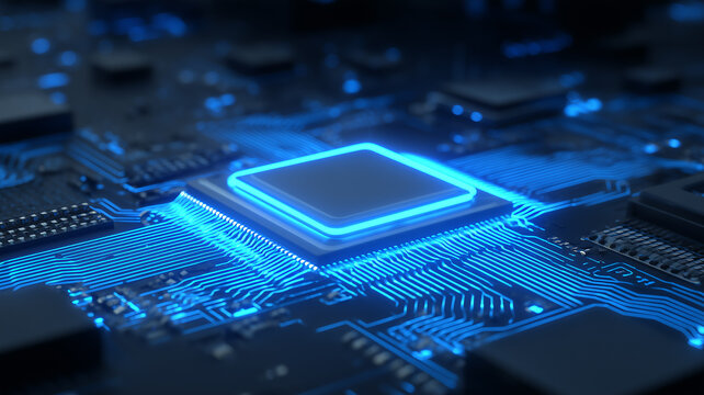 Central processor on a circuit board representing high performance computing and the core infrastructure that powers data processing automation cloud services and modern artificial intelligence.

