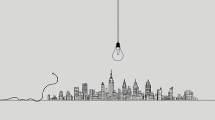 Conceptual line art cityscape with a hanging light bulb, symbolizing urban ideas, innovation, creativity, and progress in design.