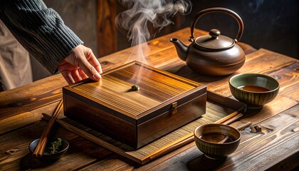 A hand carefully lifts the lid of a wooden box, releasing fragrant steam from an incense burner, beside a traditional teapot and tea bowls on a rustic table.