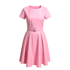 Obraz premium A short-sleeved, pink A-line dress with a belt and pleated skirt, isolated on black