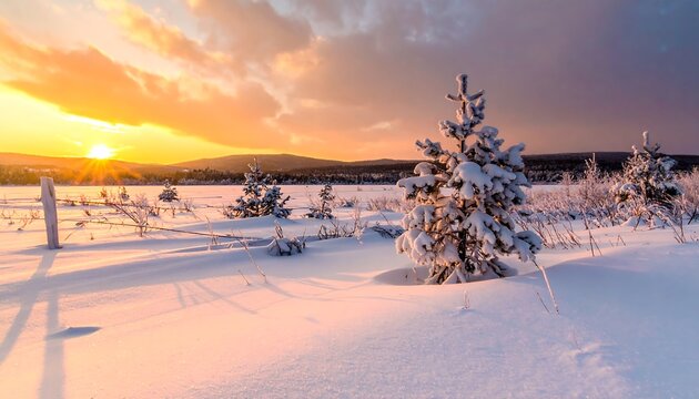 A serene winter landscape bathed in golden sunlight. Snow-covered trees dot a vast, white expanse under a colorful sky. A distant mountain range is visible