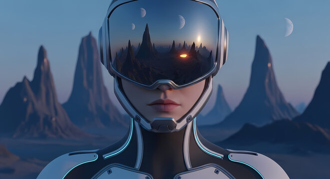 Futuristic explorer gazes at alien landscape reflection in visor, dreaming of interstellar discovery and new worlds