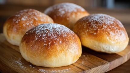 Soft golden brown bread rolls dusted with flour are arranged on a wooden board in a warm kitchen.