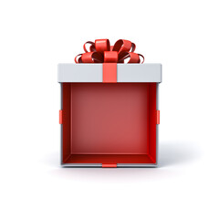 Blank white gift box mockup exhibition booth stand open or opened present box tied with red ribbon bow isolated on white background with shadow minimal creative idea conceptual 3D rendering