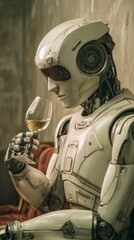 Fototapeta premium Robot enjoying a glass of wine in a vintage setting with plush seating in the background