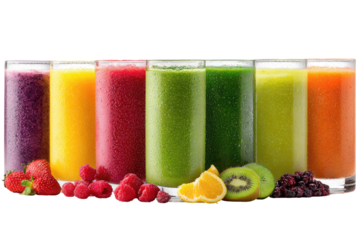 Colorful fruit smoothies in clear glasses