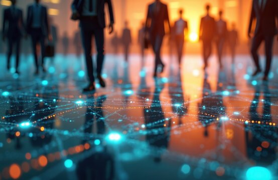 Blurred figures of business people walking on digital network floor. Connecting lights and data streams show global connection and modern tech. Future concept.