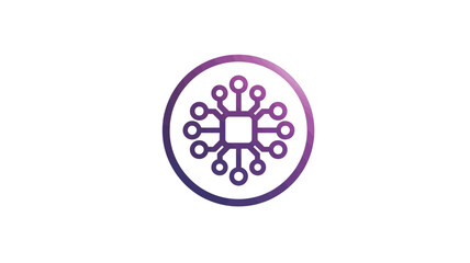 Obraz premium Modern AI processor chip network icon with purple gradient. Digital technology, data processing, computing, and global connectivity concept.